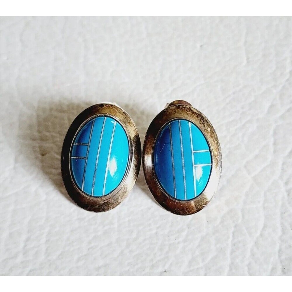Zuni Turquoise Channel Inlay Sterling Silver Oval Earrings .75" 4.75g